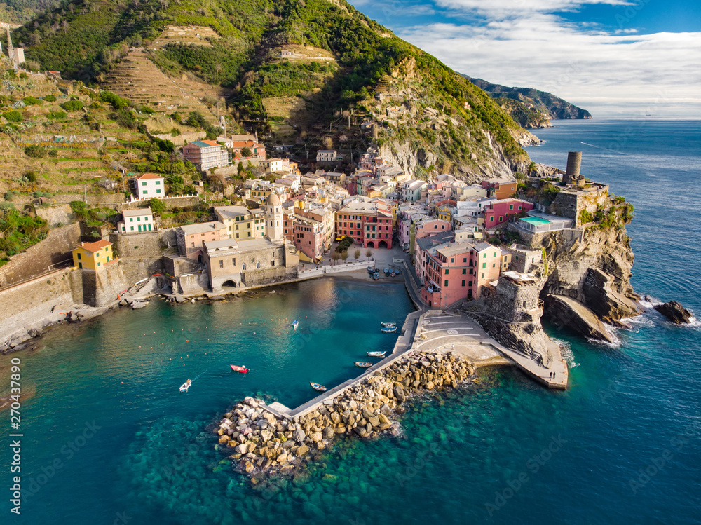 Aerial view of Vernazza, one of the five centuries-old villages of Cinque Terre, located on rugged northwest coast of Italian Riviera.