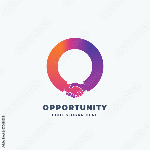 Opportunity Abstract Vector Sign, Symbol or Logo Template. Hand Shake Incorporated in Letter O Concept.