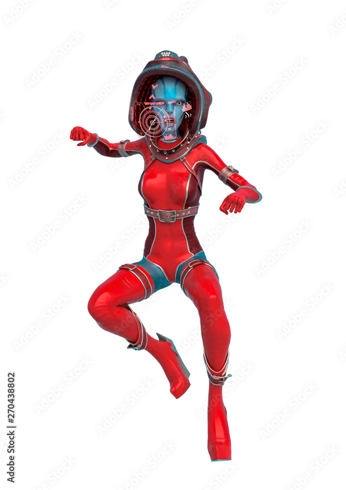 alien queen in a red sci fi outfit doing a frontal punch in a white background alien queen in a red sci fi outfit doing a frontal punch in a white background