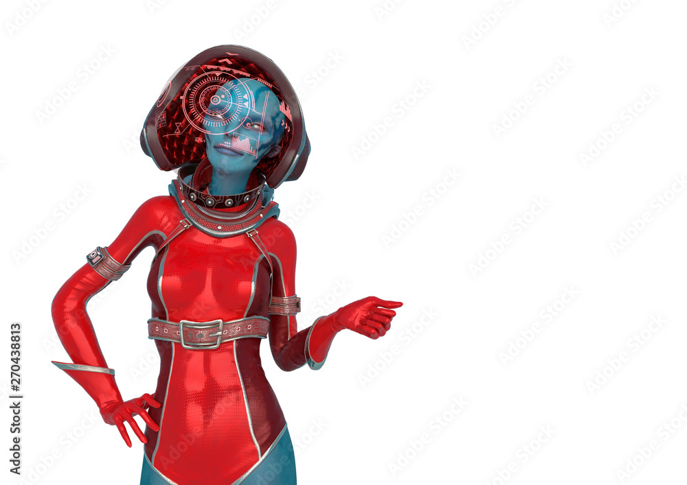 alien queen in a red sci fi outfit is thinking about in a white background