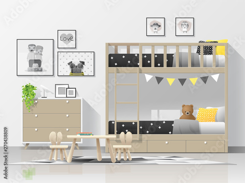 Interior background of modern kids bedroom with wooden bunk bed , vector , illustration