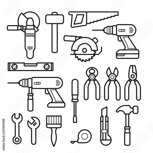 Work tools line icons - puncher, drill, wrench, plane, saw, pliers and construction tools kit