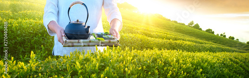 Panel kuchenny z motywem Woman holding teapot cups in tea garden