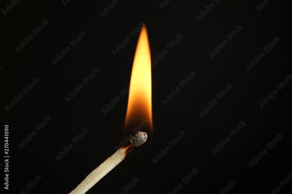 Burning matchstick on black background, closeup. Space for text Burning matchstick on black background, closeup. Space for text
