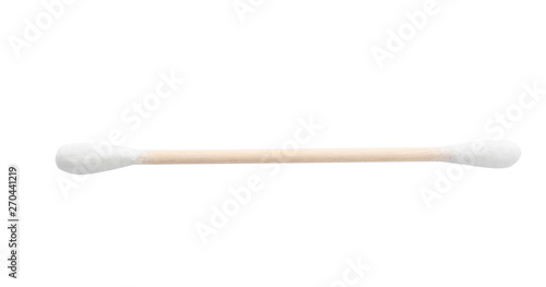 Wooden cotton swab on white background. Hygienic accessory