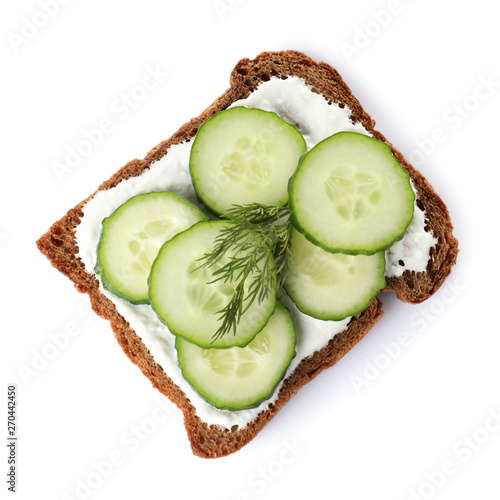 Tasty cucumber sandwich isolated on white, top view