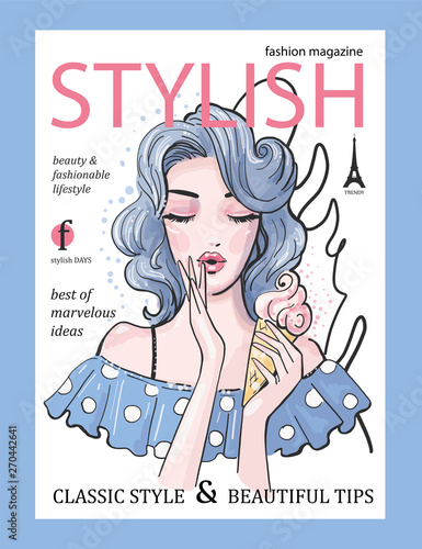 Cute lady with sweet ice cream in dress with dots fashion illustration magazine cover