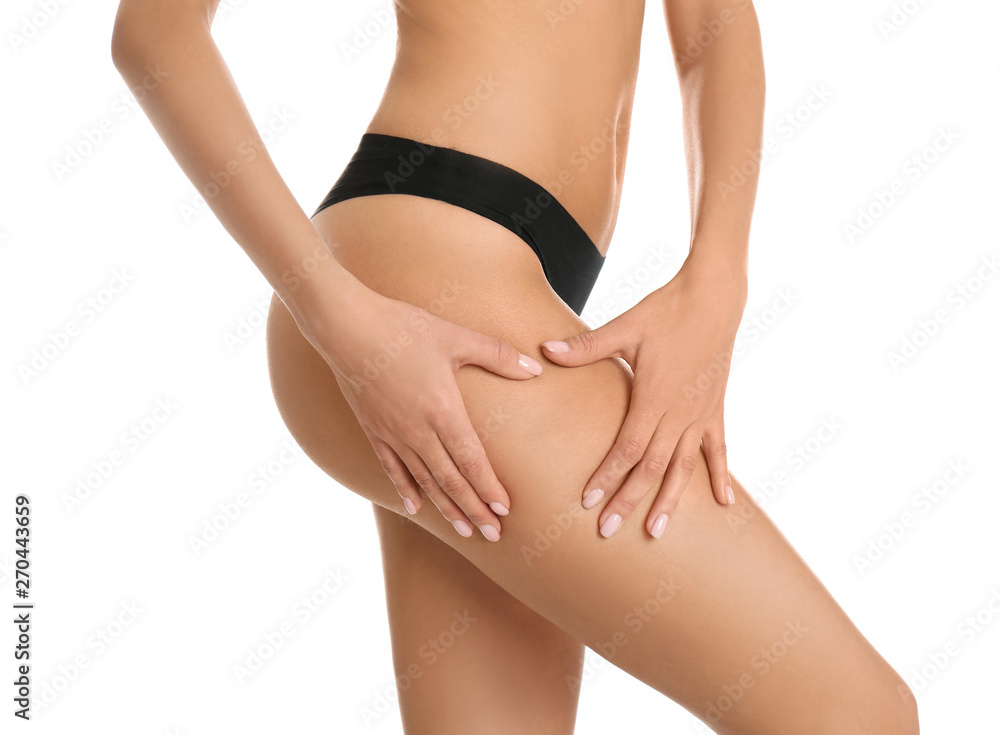 Closeup view of attractive slim woman in underwear on white background. Cellulite problem concept Closeup view of attractive slim woman in underwear on white background. Cellulite problem concept
