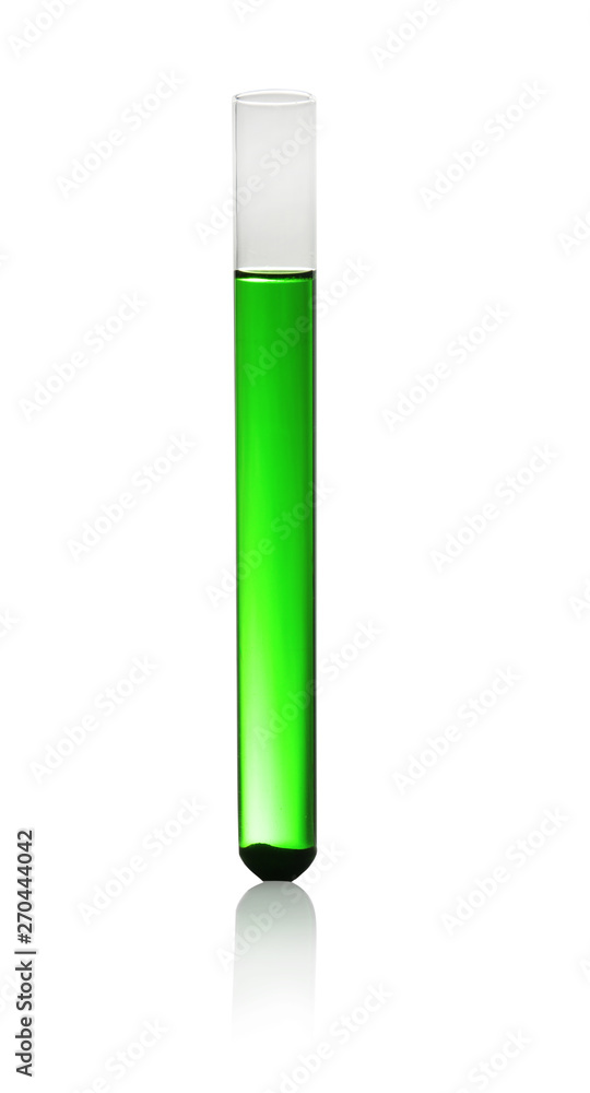 Test tube of color liquid isolated on white. Solution chemistry Test tube of color liquid isolated on white. Solution chemistry