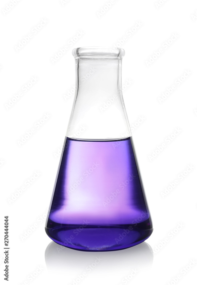 Erlenmeyer flask with color liquid isolated on white. Solution chemistry Erlenmeyer flask with color liquid isolated on white. Solution chemistry