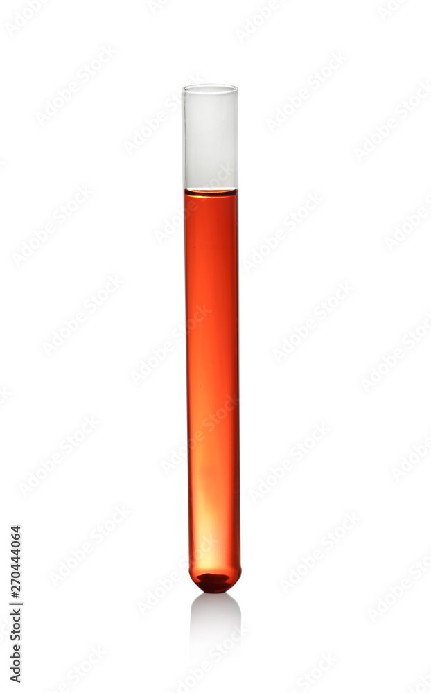 Test tube of color liquid isolated on white. Solution chemistry Test tube of color liquid isolated on white. Solution chemistry