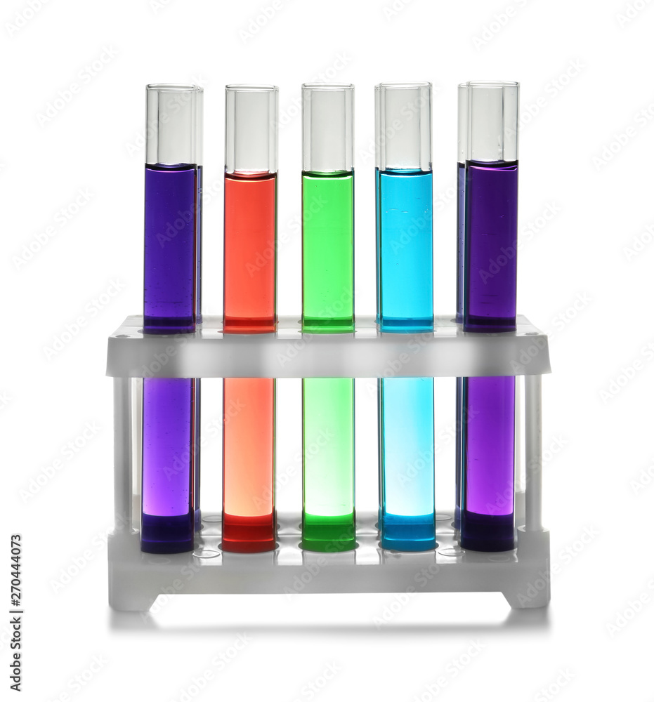 Rack with test tubes of color liquid isolated on white. Solution chemistry Rack with test tubes of color liquid isolated on white. Solution chemistry
