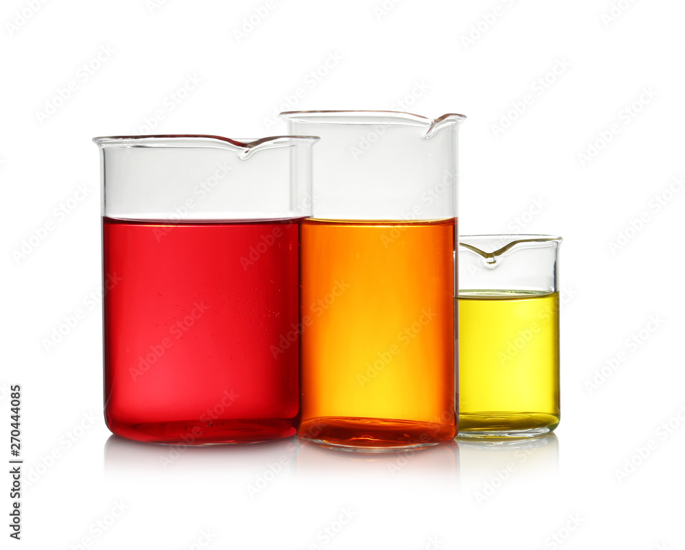 Beakers with color liquid isolated on white. Solution chemistry Beakers with color liquid isolated on white. Solution chemistry