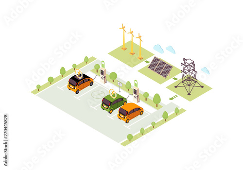 Electric vehicle charge station isometric color vector illustration