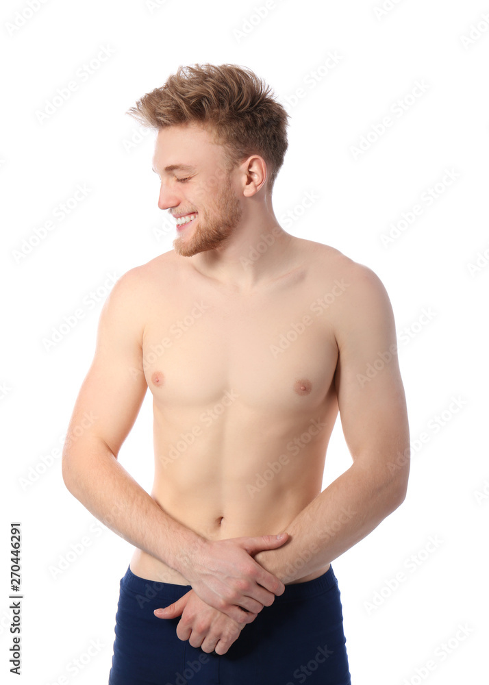 Portrait of young man with slim body on white background Portrait of young man with slim body on white background
