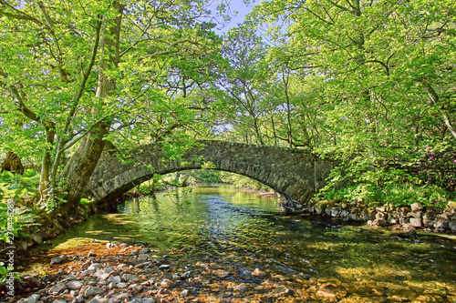 An ancient stone pack horse bridge over a river in the English Lake District © Jenny
