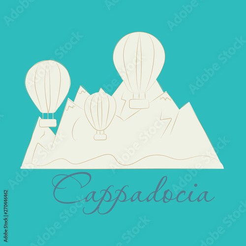 Illustration of a popular turkish travel destination Cappadocia. Balloons in the sky. EPS 10. RGB. Transparencies