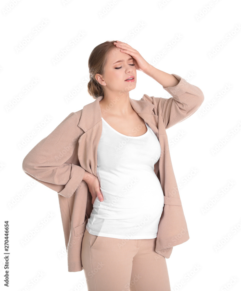 Young pregnant woman suffering from pain on white background. Working while expecting baby Young pregnant woman suffering from pain on white background. Working while expecting baby