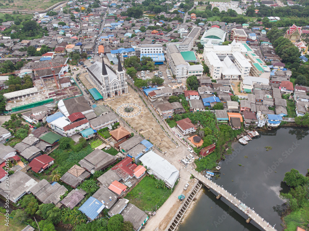 Aerial View of The Gothic Style Catholic Church in Chantaburi Thailand