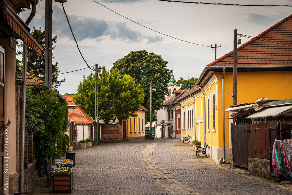 Street of Szentendre at the morning. Szentendre is a small idyllic town by the Danube river near the Budapest - capital of Hungary. Town of arts and popular destination for tourists in Budapest.