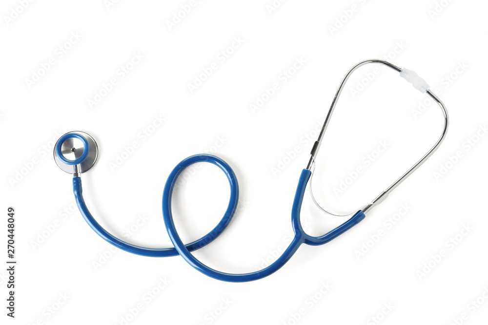 Stethoscope on white background, top view. Medical device Stethoscope on white background, top view. Medical device