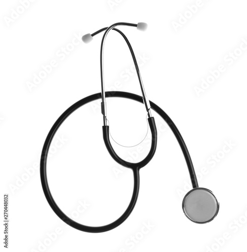 Stethoscope on white background, top view. Medical device