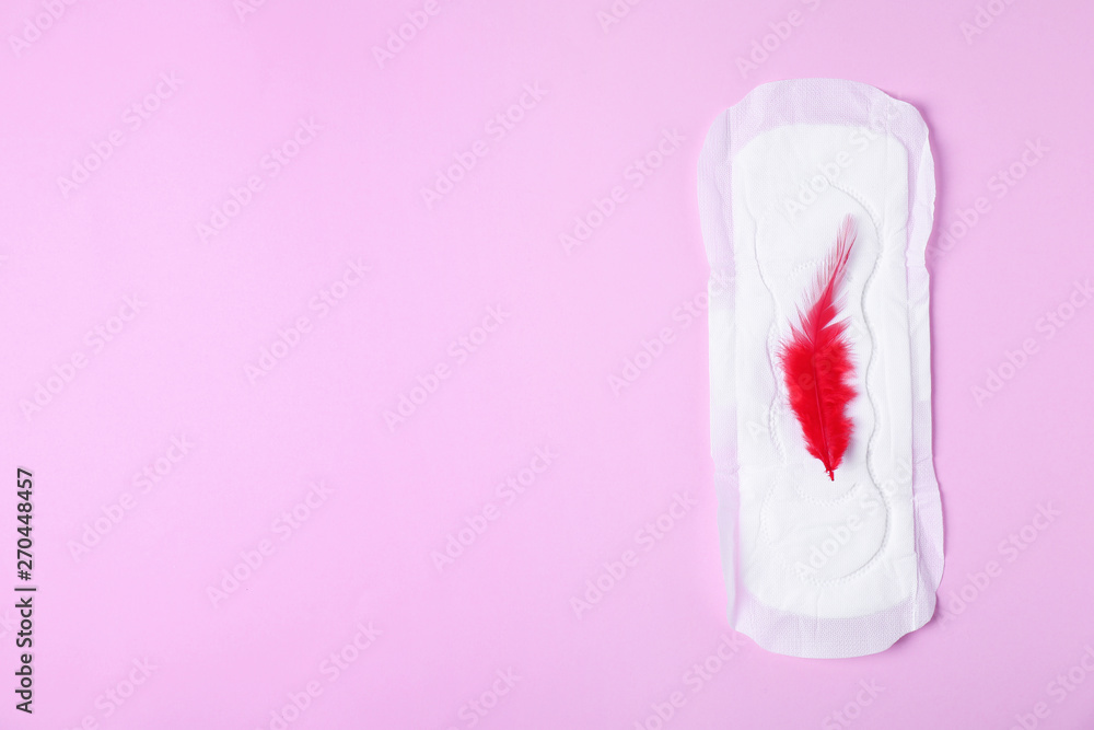 Menstrual pad and red feather on color background, top view with space for text. Gynecological care