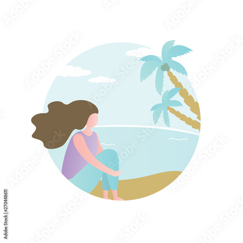 Beauty girl sitting on beach,tropical card with female charater, palm tree and ocean.