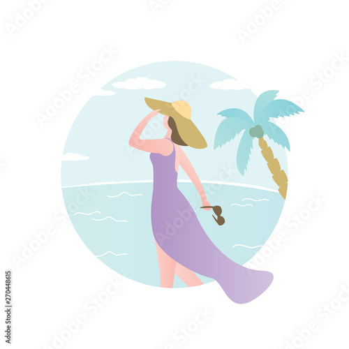 Beauty and fashion girl standing on beach,tropical card with female charater,