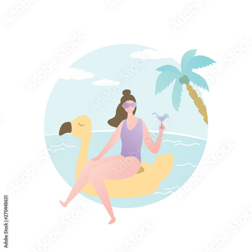 Beauty girl with cocktail in hand swimming on inflatable circle
