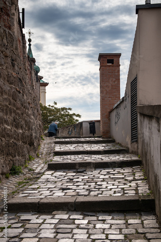 Street of Szentendre at the morning. Szentendre is a small idyllic town by the Danube river near the Budapest - capital of Hungary. Town of arts and popular destination for tourists in Budapest.