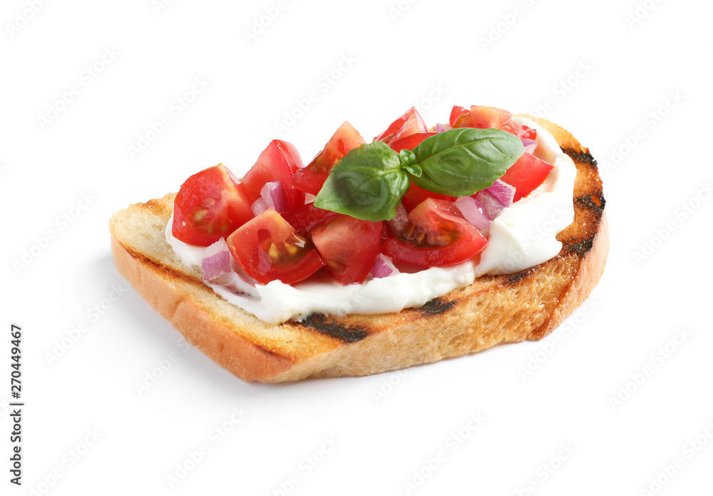 Tasty bruschetta with tomato on white background