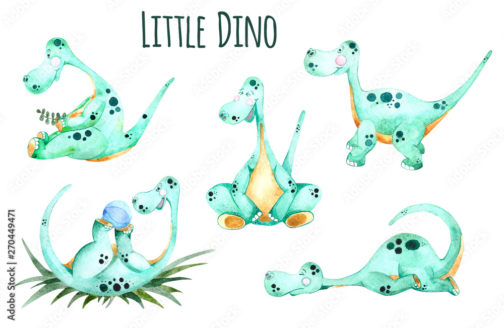 Naklejka premium Set of watercolor cute green dinosaurs in cartoon style. Watercolor children's illustration for t-shirts, fabrics, stickers, posters, postcards, packaging paper, gifts
