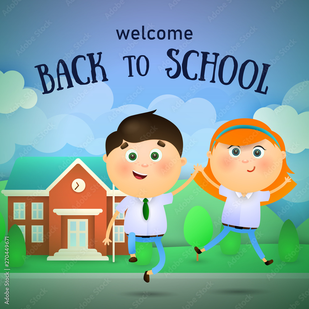 Welcome back to school lettering, happy boy and girl jumping. Offer or sale advertising design. Typed text, calligraphy. For leaflets, brochures, invitations, posters or banners. Welcome back to school lettering, happy boy and girl jumping. Offer or sale advertising design. Typed text, calligraphy. For leaflets, brochures, invitations, posters or banners.