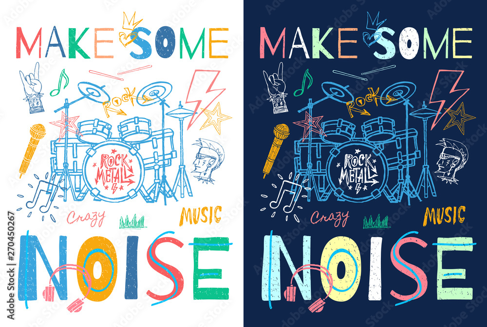 Music slogan graphic for t shirt design posters retro prints. Radio, headphones, microphone, notes, rock and roll, musical party. Hand drawn vector illustration.