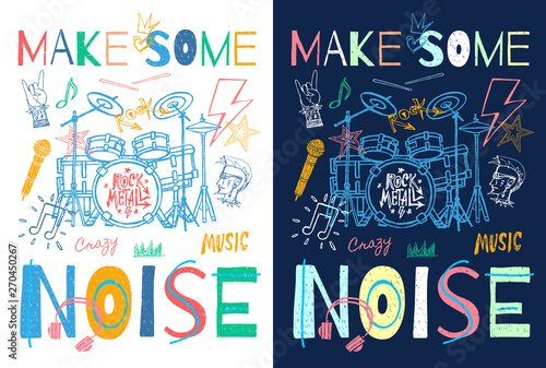 Music slogan graphic for t shirt design posters retro prints. Radio, headphones, microphone, notes, rock and roll, musical party. Hand drawn vector illustration.