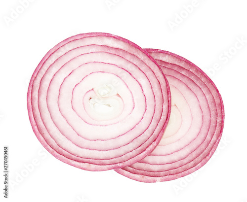 Fresh slices of red onion on white background, top view