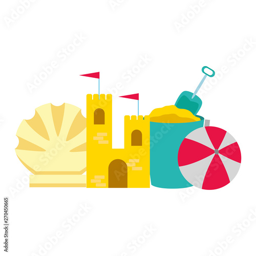 vacations sand castle bucket ball and shell