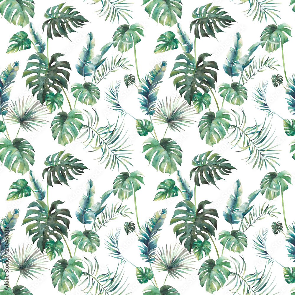 Watercolor tropical leaves surface design. Exotic monstera and palm green branches texture on white background. Summer plants seamless pattern