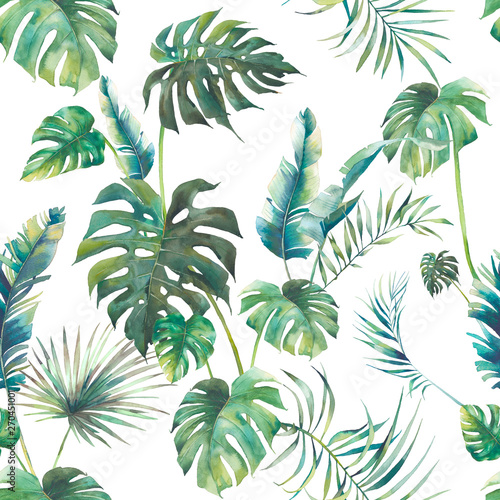 Summer palm tree, monstera and banana leaves seamless pattern. Watercolor green branches on white background. Hand drawn exotic wallpaper