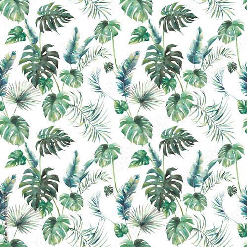 Watercolor tropical leaves surface design. Exotic monstera and palm green branches texture on white background. Summer plants seamless pattern