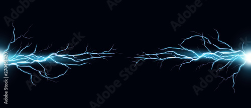 Vector illustration of electric discharge shocked effect on black background. Power electrical energy concept, lightning effects in realistic style.