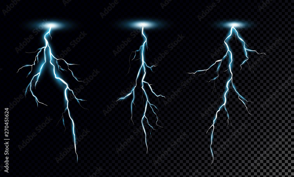 Vector illustration set of realistic lightning on dark transparent background. Light splashes with lightings.