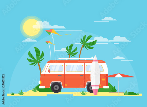 Vector illustration of surfing bus with a surfing board on palm beach. Tourism, summertime concept. Travel trailer in vintage pink color, summer coast in flat cartoon style.