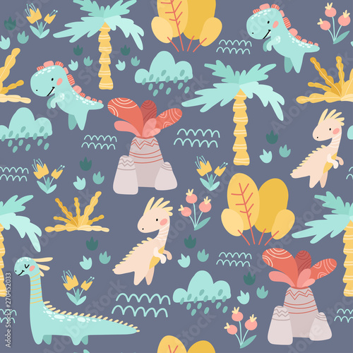 seamless pattern. drawing hands of cute dinosaurs  plants  flowers  nature. Prehistoric period. Vector illustration. Cute design for boys and girls