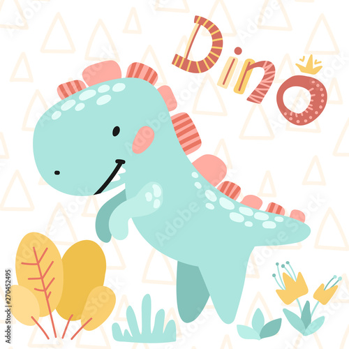 Children's card. Vector illustrations. Cute kids cartoon dinosaur. Prehistoric period.