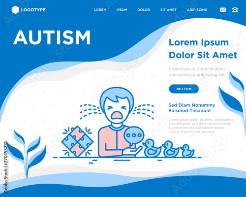 Autism symptoms and adaptive skills: child is crying in hysterics, thin line icons: repetitive behavior, stereotypy, social interaction. Modern vector illustration.