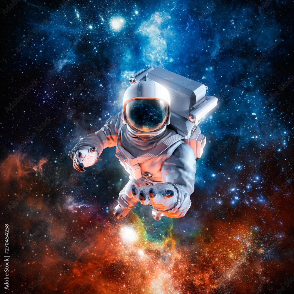 Fototapeta I offer you the stars / 3D illustration of science fiction scene with astronaut floating in outer space reaching with open hand towards viewer