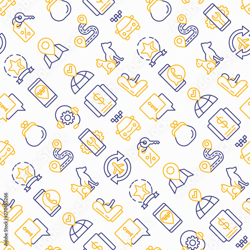 Taxi app seamless pattern with thin line icons: payment method, promocode, app settings, info, support service, phone number, location, destination, airport transfer, baby seat. Vector illustration.