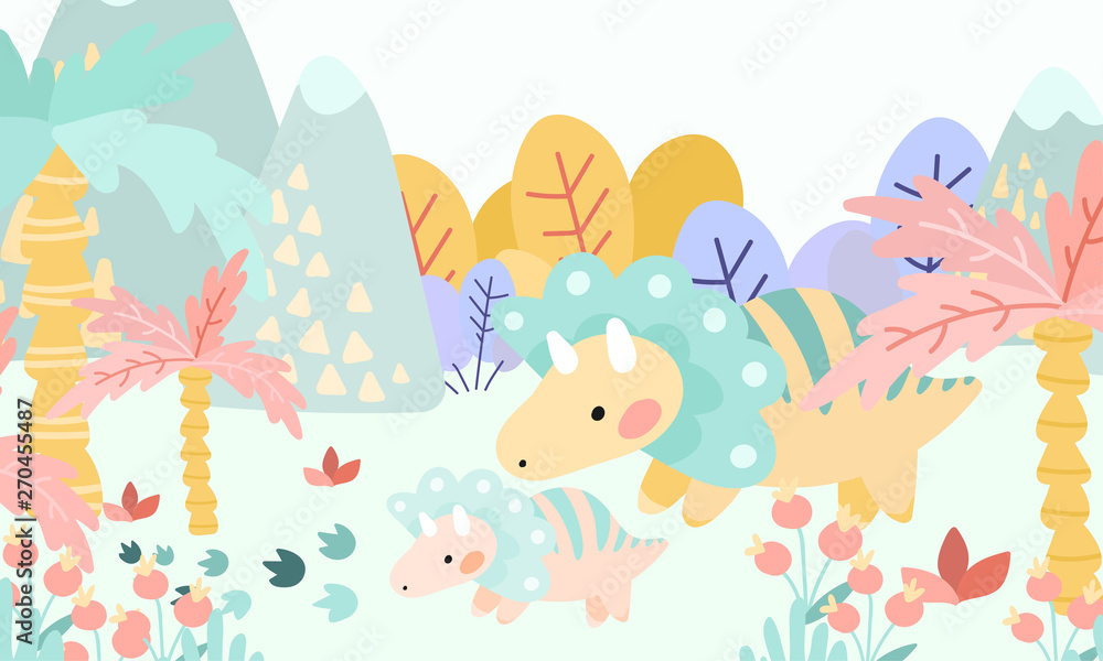 Greeting card. Prehistoric period. Cartoon Scandinavian vector illustration. For children's parties, parties. Cute childish landscape in the afternoon with dinosaurs, mountains, palm trees, plants, fl
